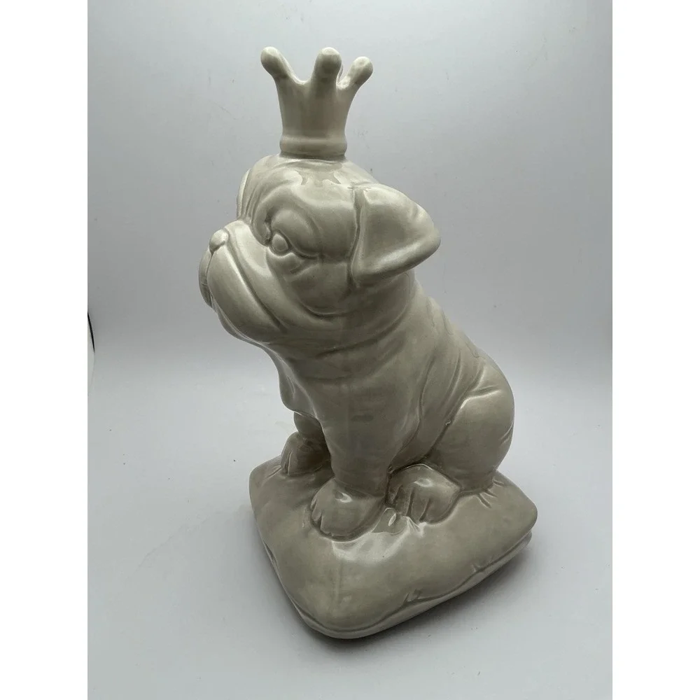 Ceramic British Bulldog with Crown Sitting On A Cushion, Glossy,‎ Light Gray